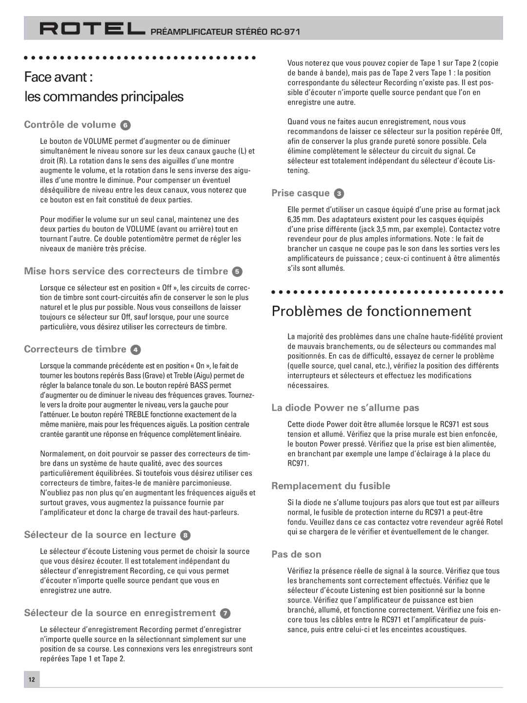 Rotel RC-971 owner manual Face avantÊ Les commandes principales, Problèmes de fonctionnement 