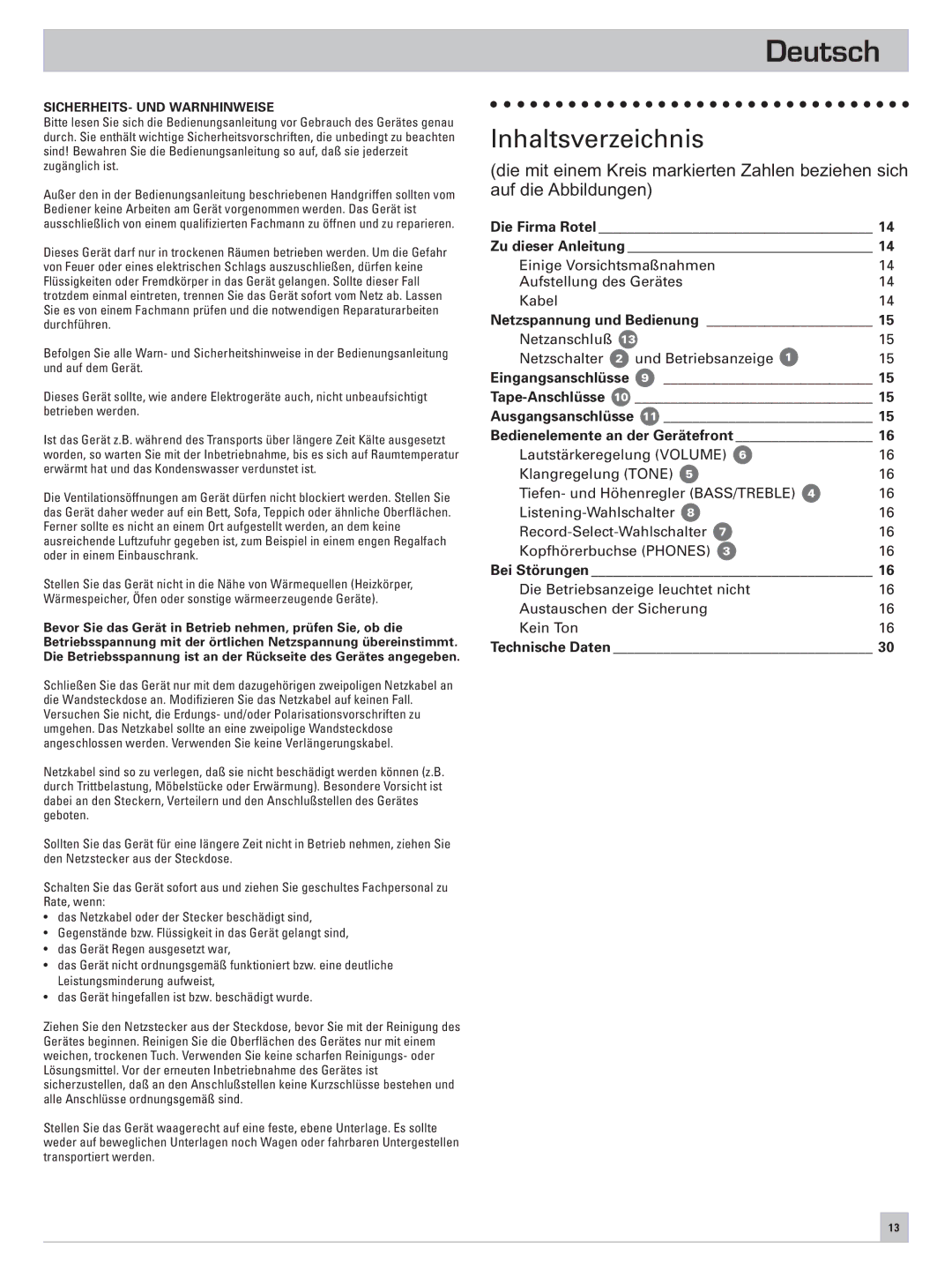 Rotel RC-971 owner manual Deutsch, Inhaltsverzeichnis 