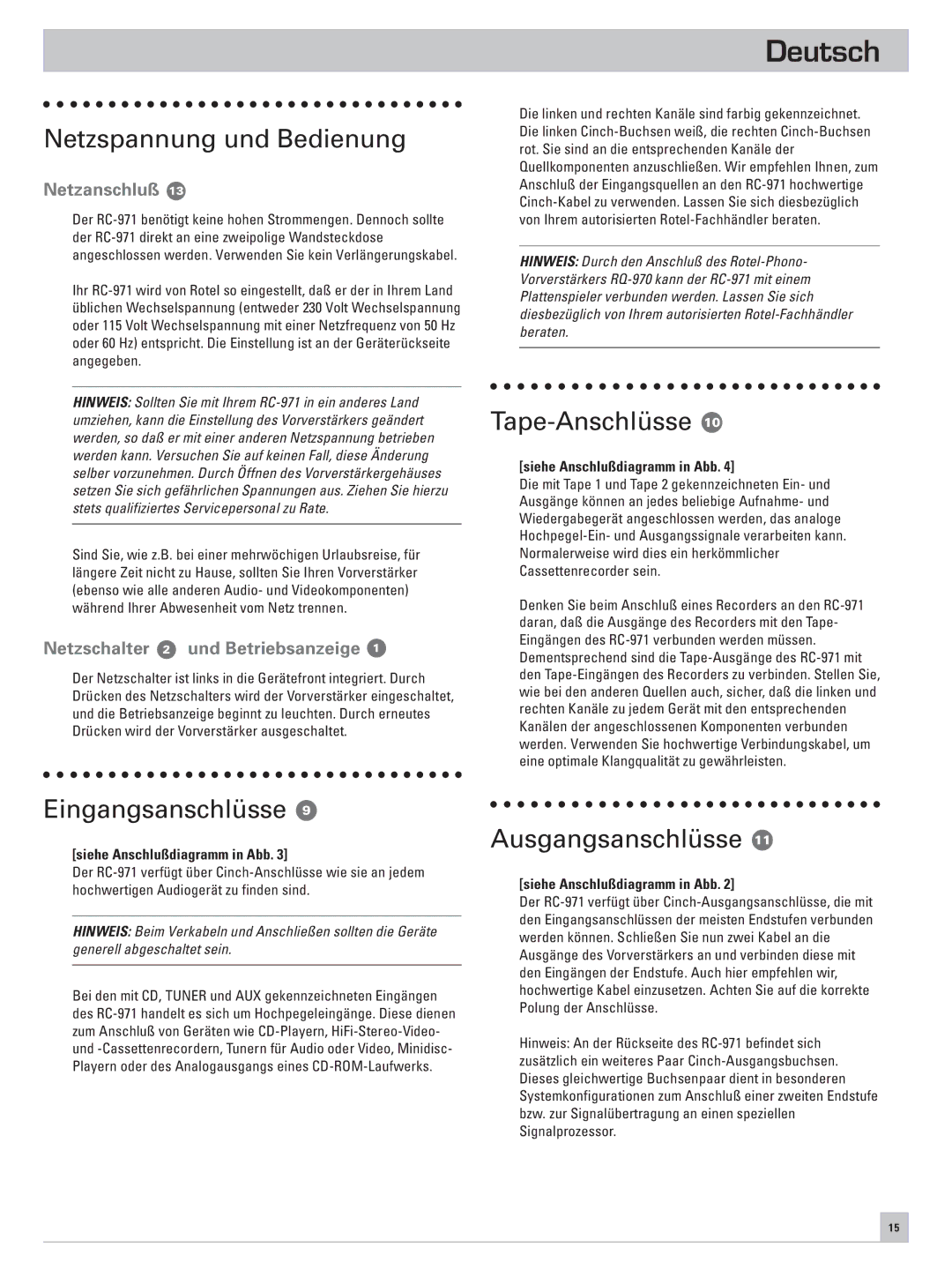 Rotel RC-971 owner manual Netzspannung und Bedienung, Eingangsanschlüsse, Tape-Anschlüsse, Ausgangsanschlüsse 