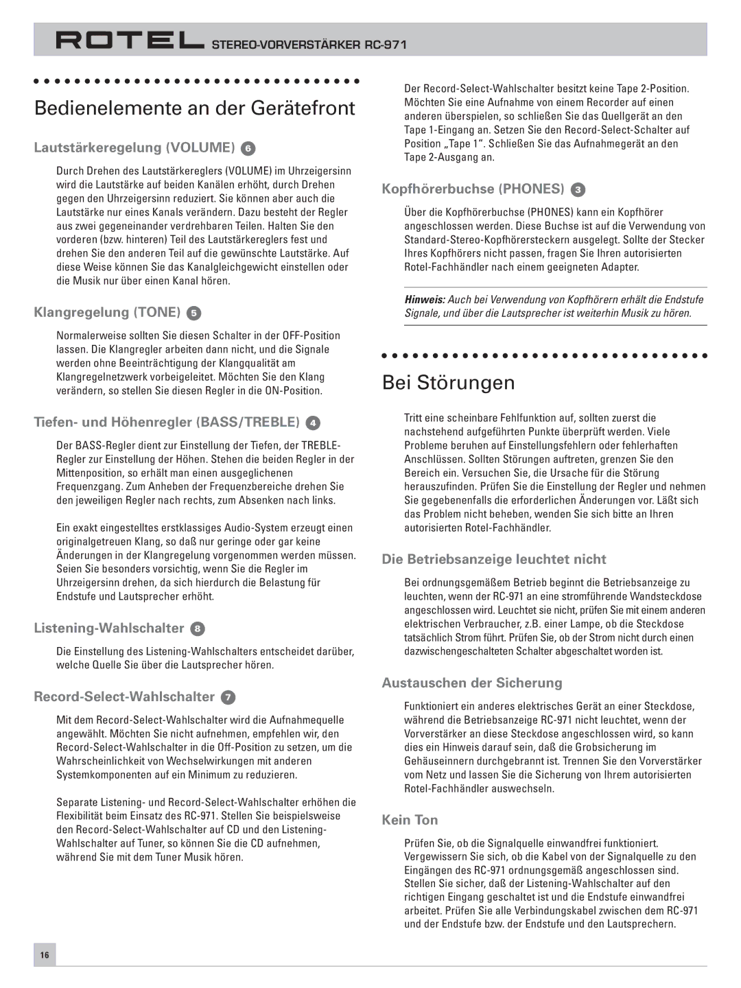 Rotel RC-971 owner manual Bedienelemente an der Gerätefront, Bei Störungen 