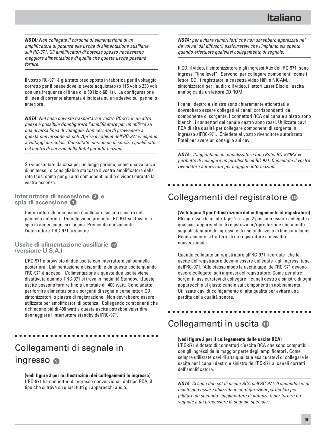 Rotel RC-971 owner manual Collegamenti di segnale in ingresso, Collegamenti del registratore, Collegamenti in uscita 