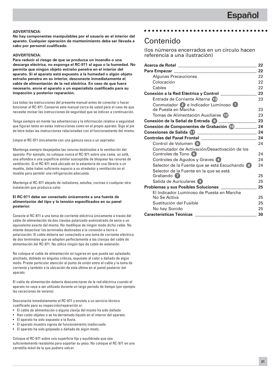 Rotel RC-971 owner manual Español, Contenido 