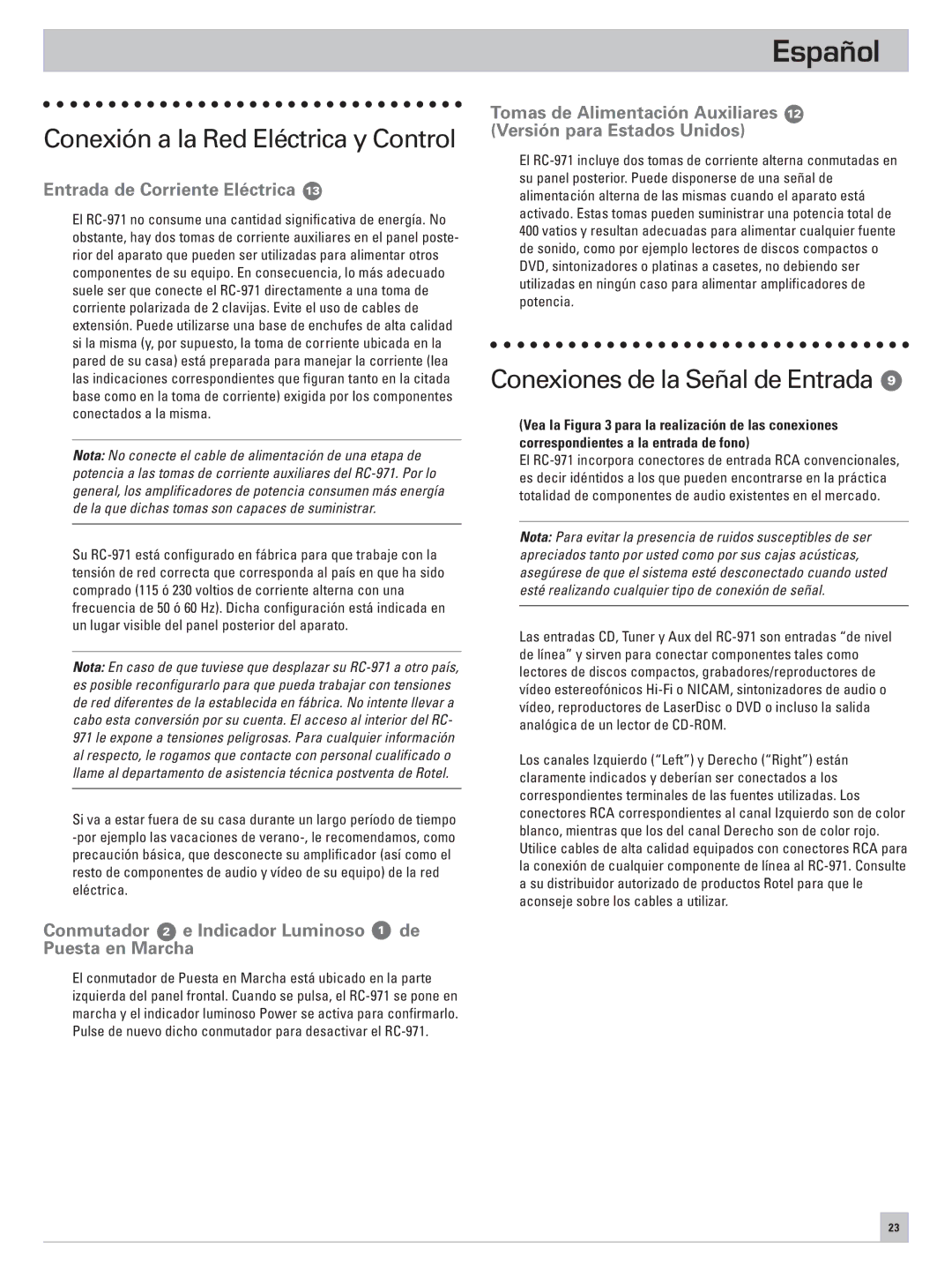 Rotel RC-971 Conexión a la Red Eléctrica y Control, Conexiones de la Señal de Entrada, Entrada de Corriente Eléctrica 