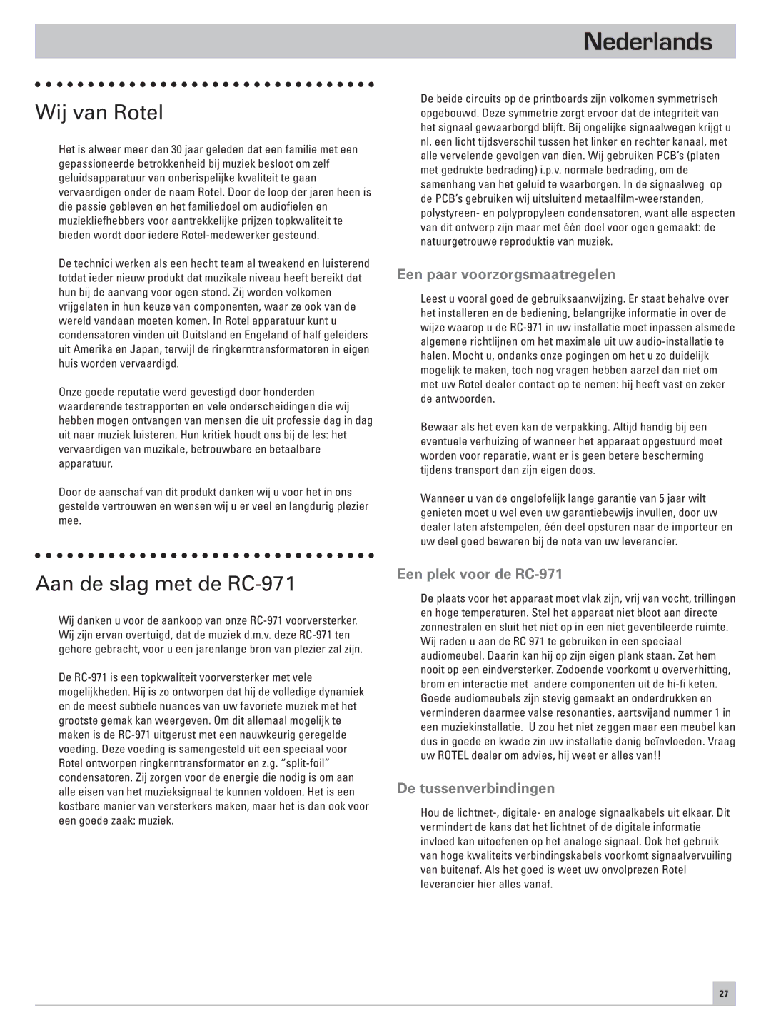 Rotel owner manual Nederlands, Wij van Rotel, Aan de slag met de RC-971 