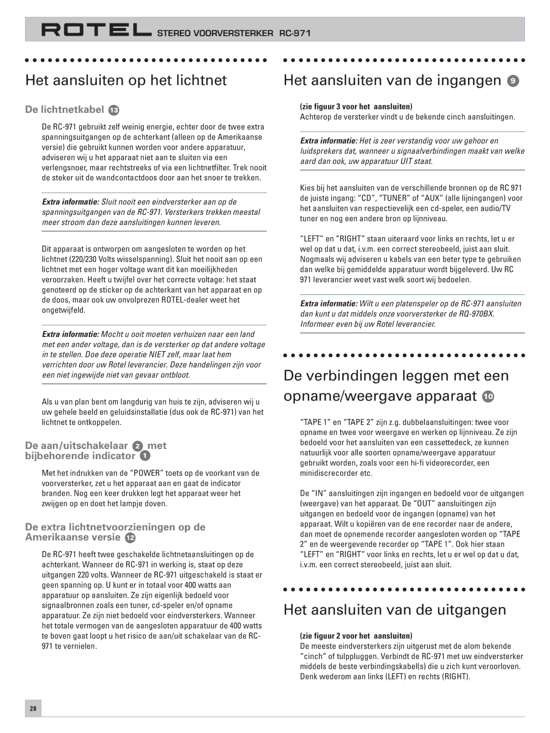 Rotel RC-971 owner manual Het aansluiten op het lichtnet, Het aansluiten van de ingangen, Het aansluiten van de uitgangen 