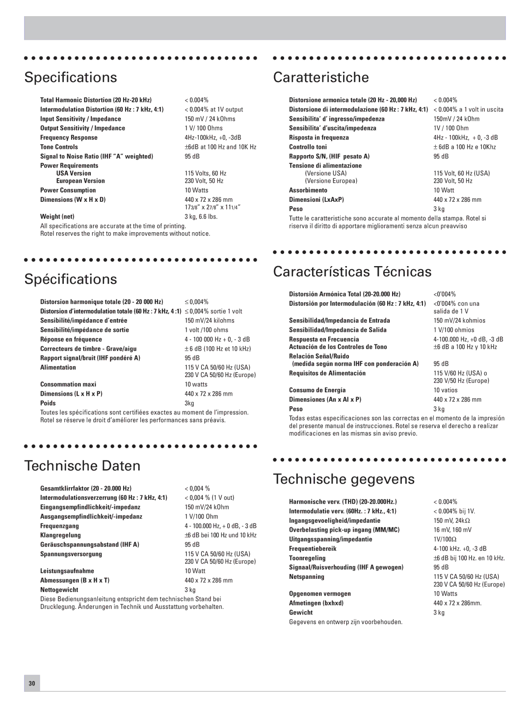 Rotel RC-971 owner manual Specifications, Spécifications, Caratteristiche, Características Técnicas, Technische Daten 