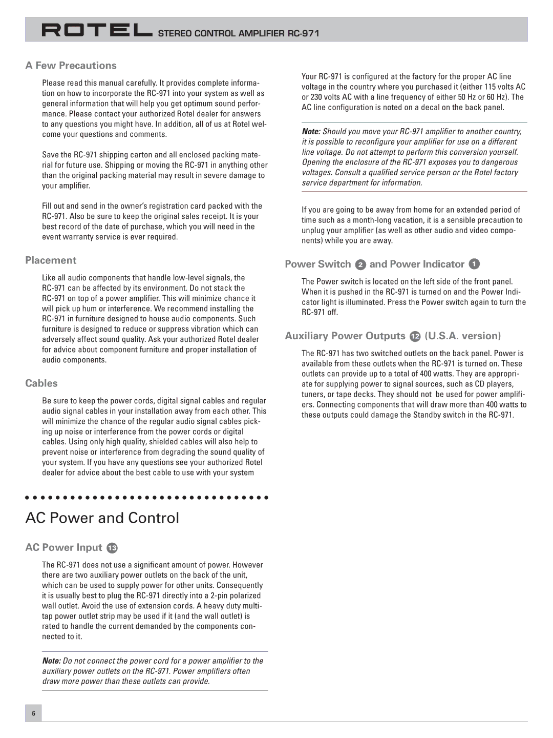 Rotel RC-971 owner manual AC Power and Control 