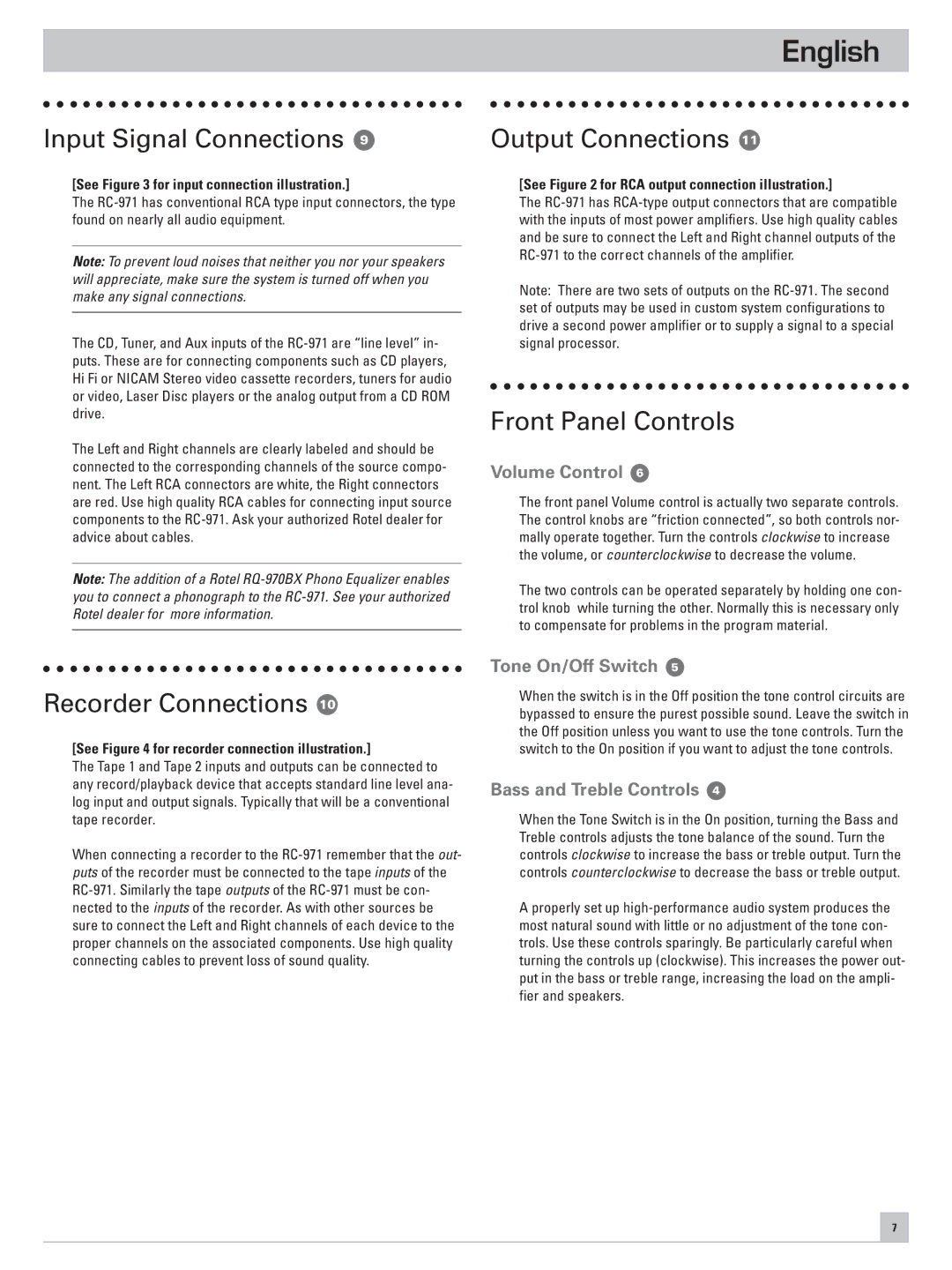 Rotel RC-971 owner manual Input Signal Connections, Recorder Connections, Output Connections, Front Panel Controls 