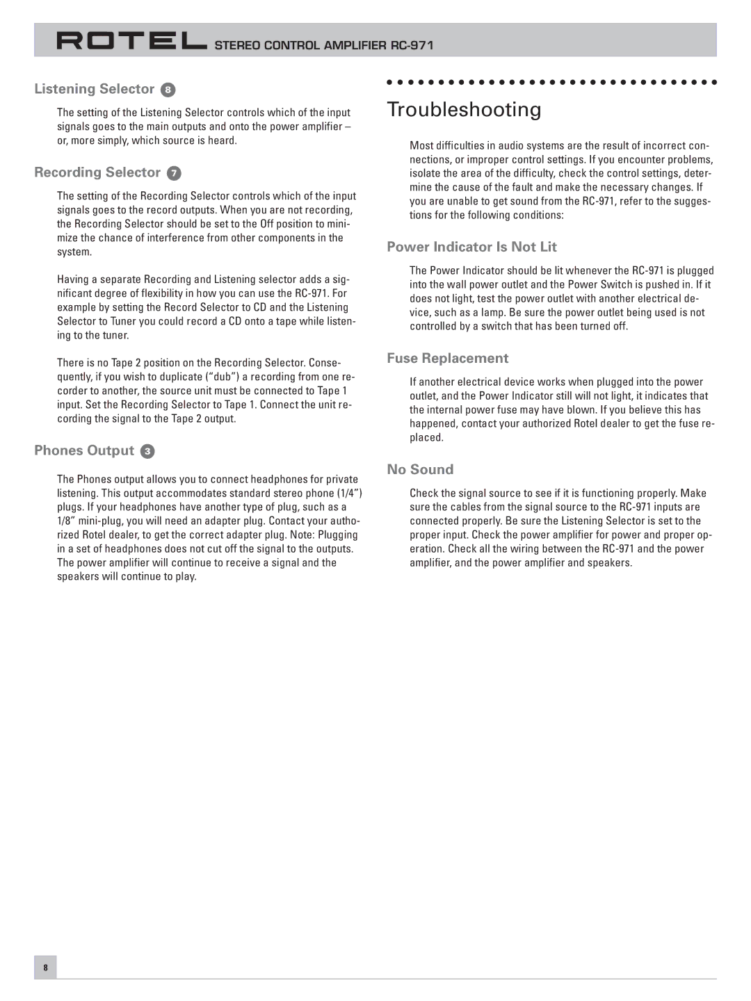 Rotel RC-971 owner manual Troubleshooting 