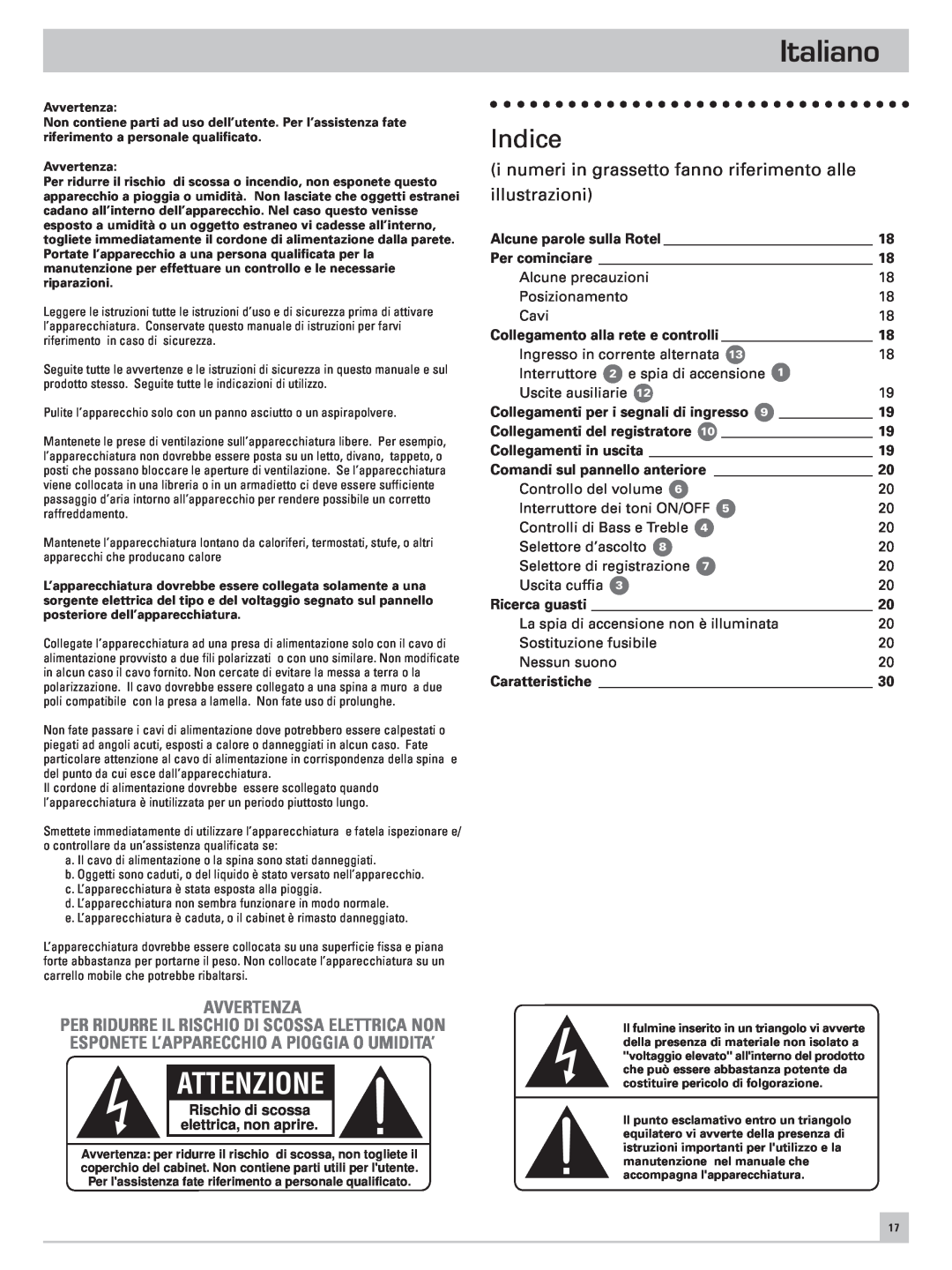 Rotel RC-971 owner manual Italiano, Indice, Avvertenza, Attenzione, Rischio di scossa elettrica, non aprire 