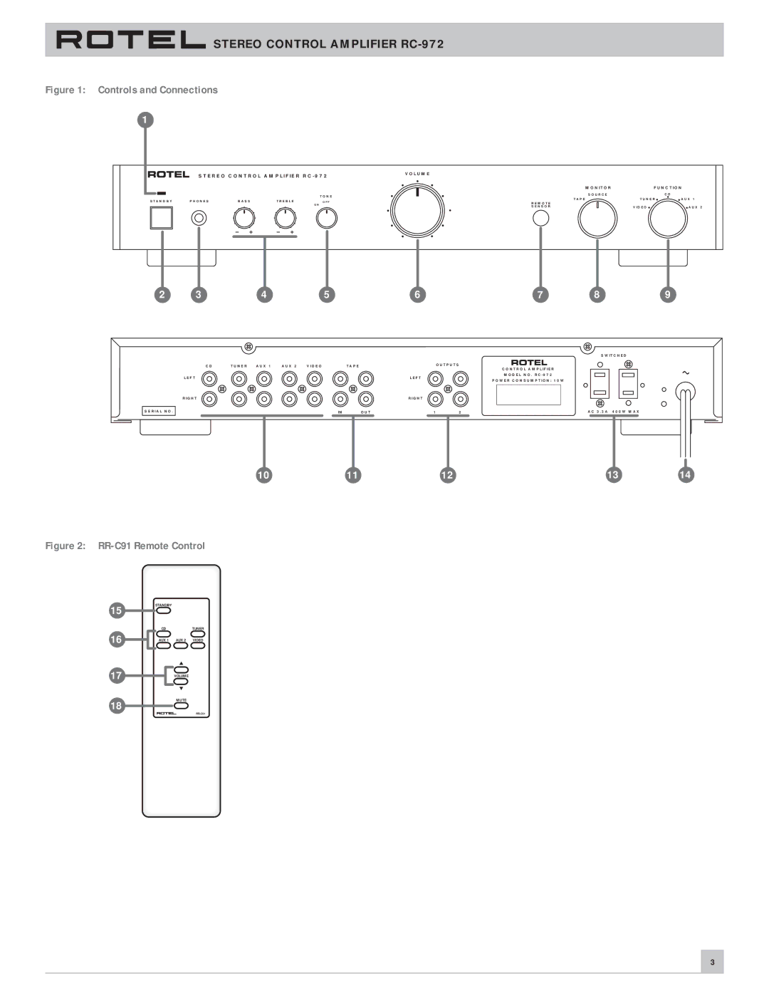 Rotel RC-972 owner manual Controls and Connections 