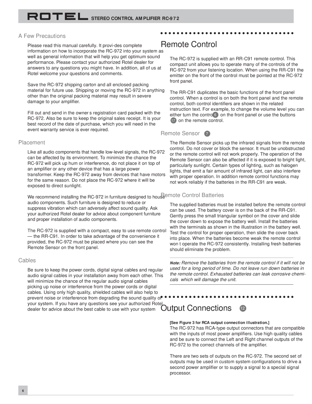 Rotel RC-972 owner manual Remote Control, Output Connections 