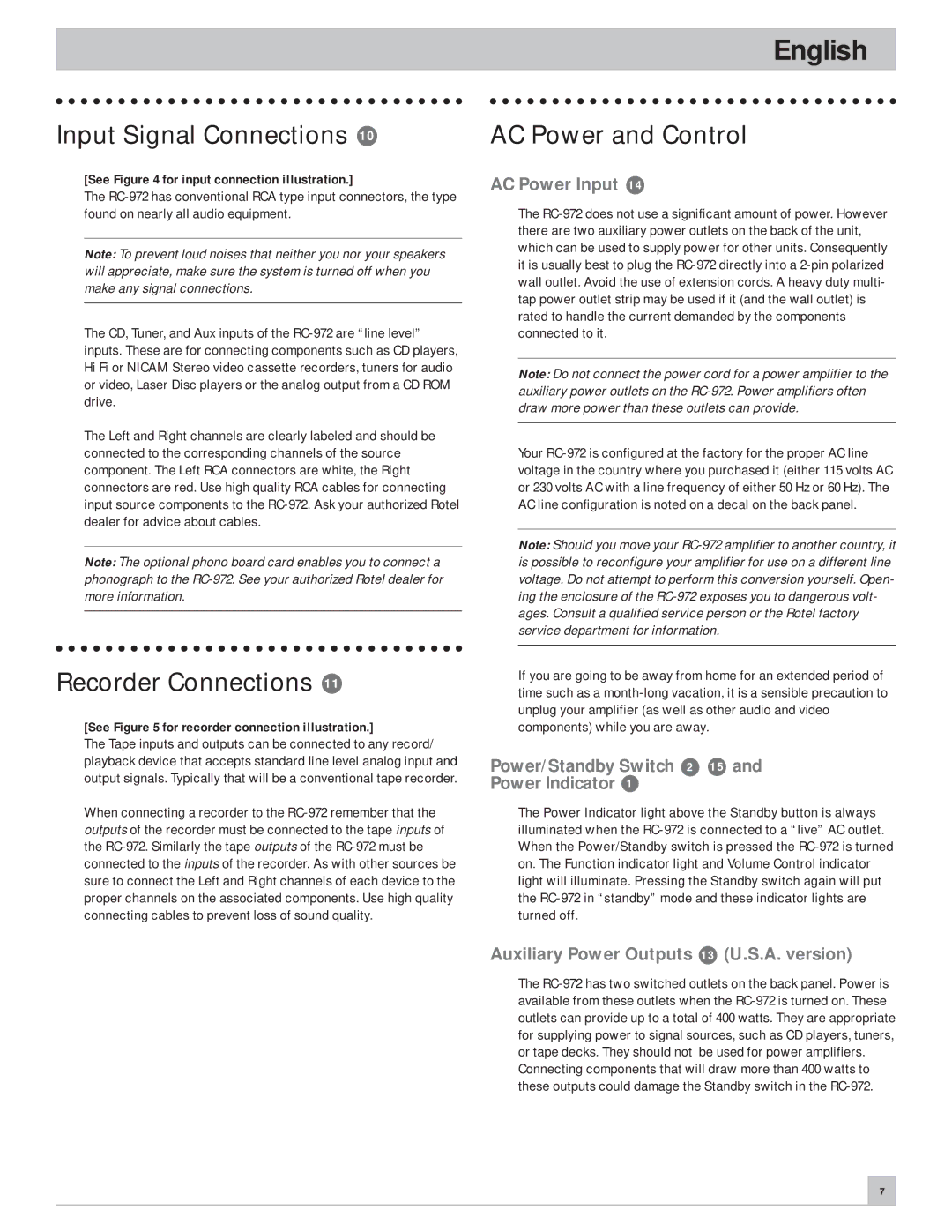 Rotel RC-972 owner manual Input Signal Connections, Recorder Connections, AC Power and Control 