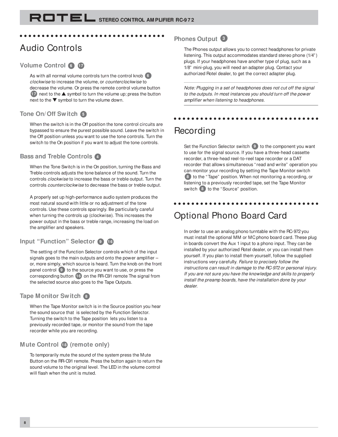 Rotel RC-972 owner manual Audio Controls, Recording, Optional Phono Board Card 