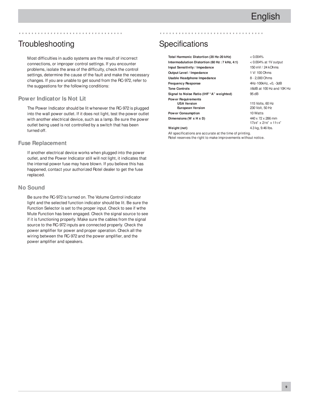 Rotel RC-972 owner manual Troubleshooting, Specifications, Power Indicator Is Not Lit, Fuse Replacement, No Sound 