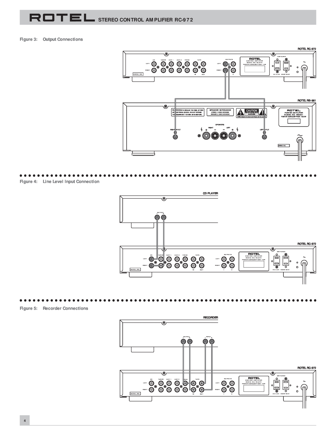 Rotel Output Connections, Line Level Input Connection, Recorder Connections, ROTEL RC-972, Cd Player, ROTEL RB-981 
