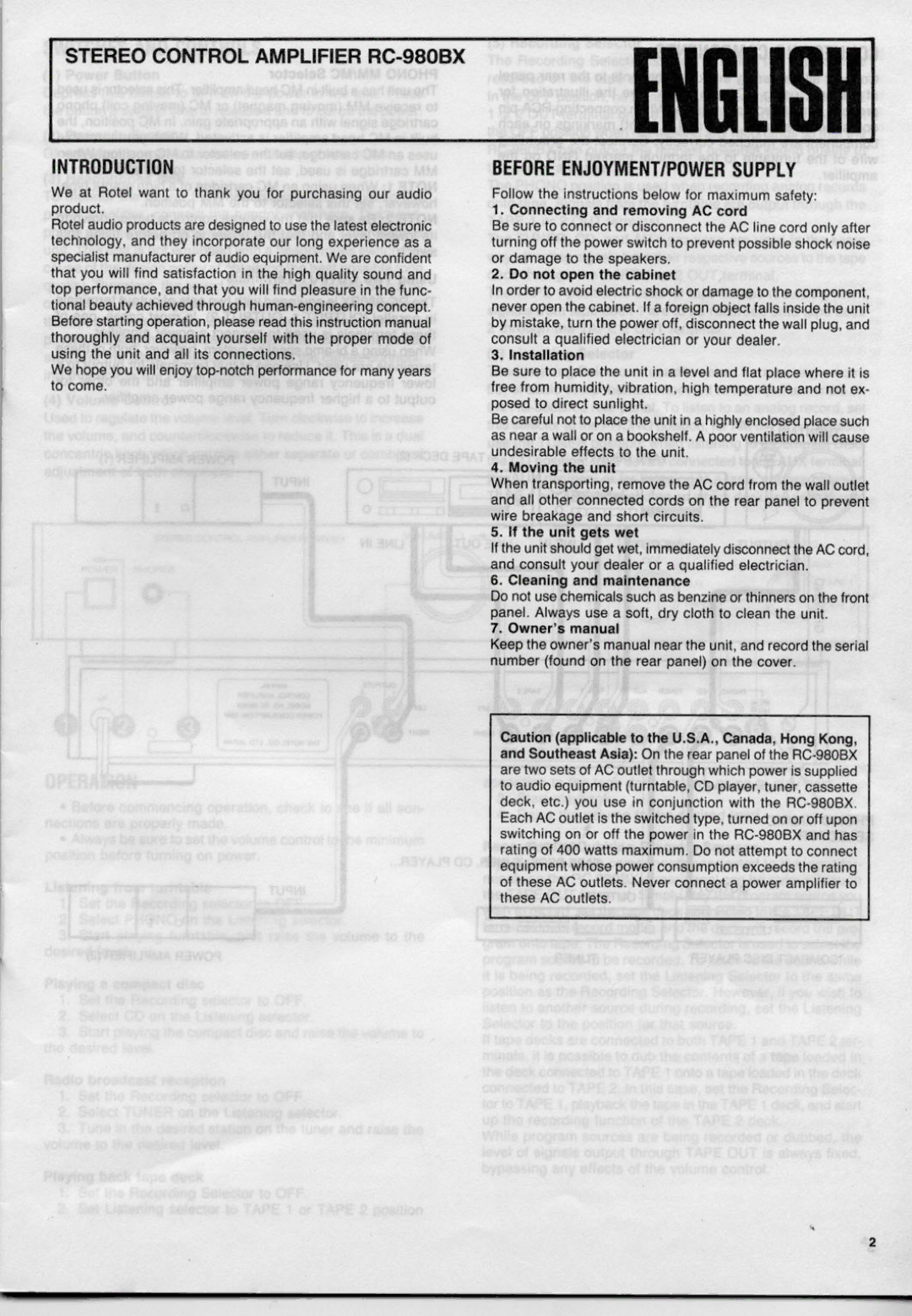 Rotel RC-980BX manual 