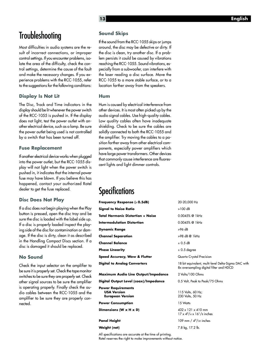 Rotel RCC-1055 owner manual Troubleshooting, Specifications 