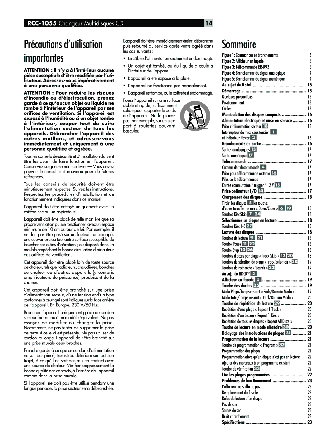 Rotel RCC-1055 owner manual Sommaire, PrŽcautions dÕutilisation importantes 