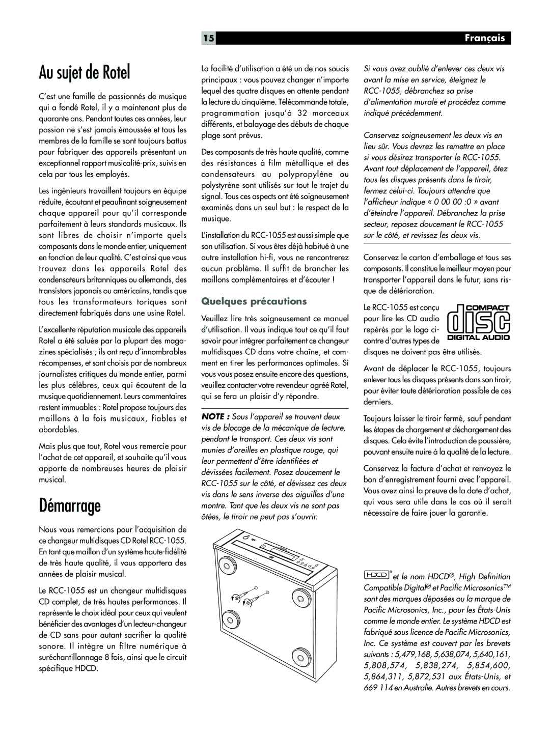 Rotel RCC-1055 owner manual Au sujet de Rotel, DŽmarrage, Quelques prŽcautions 