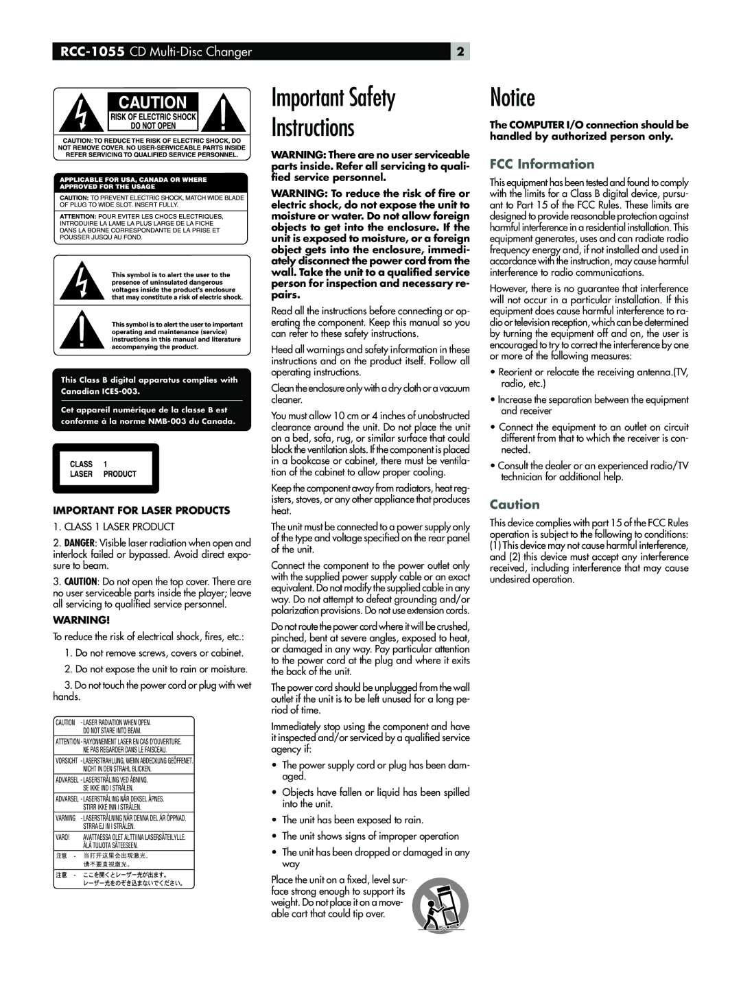 Rotel RCC-1055 owner manual Important Safety Instructions, FCC Information 