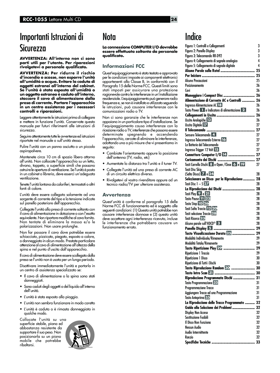 Rotel RCC-1055 owner manual Nota, Indice, Informazioni FCC, Avvertenza 