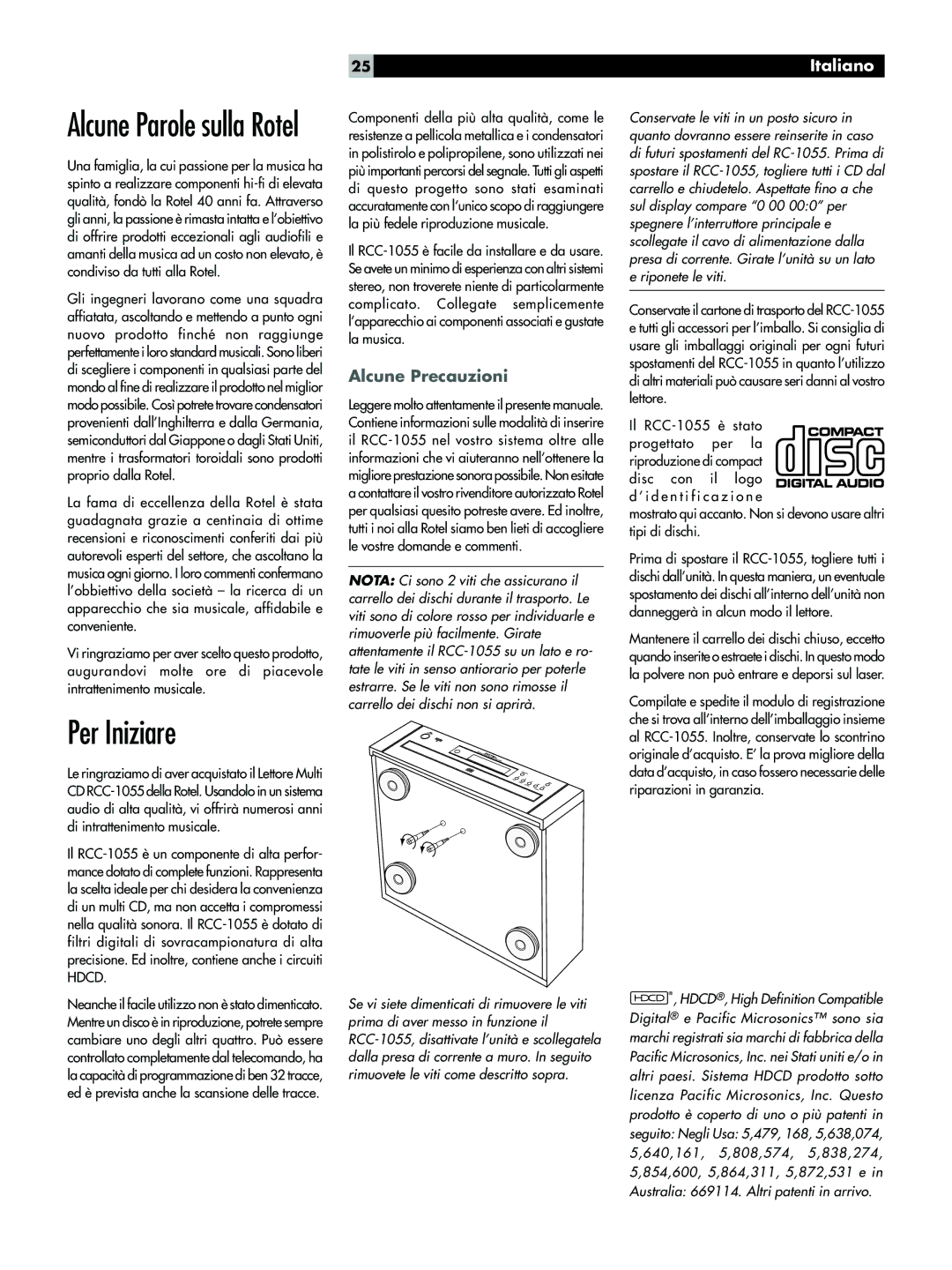 Rotel RCC-1055 owner manual Per Iniziare, Alcune Precauzioni 