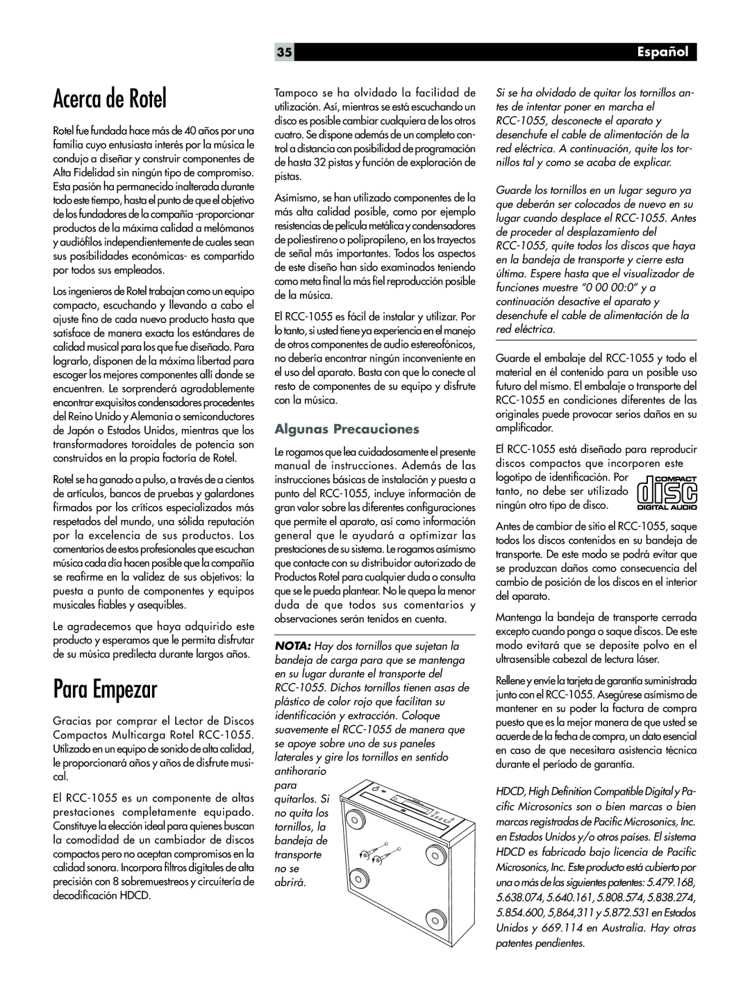 Rotel RCC-1055 owner manual Acerca de Rotel, Para Empezar, Algunas Precauciones 