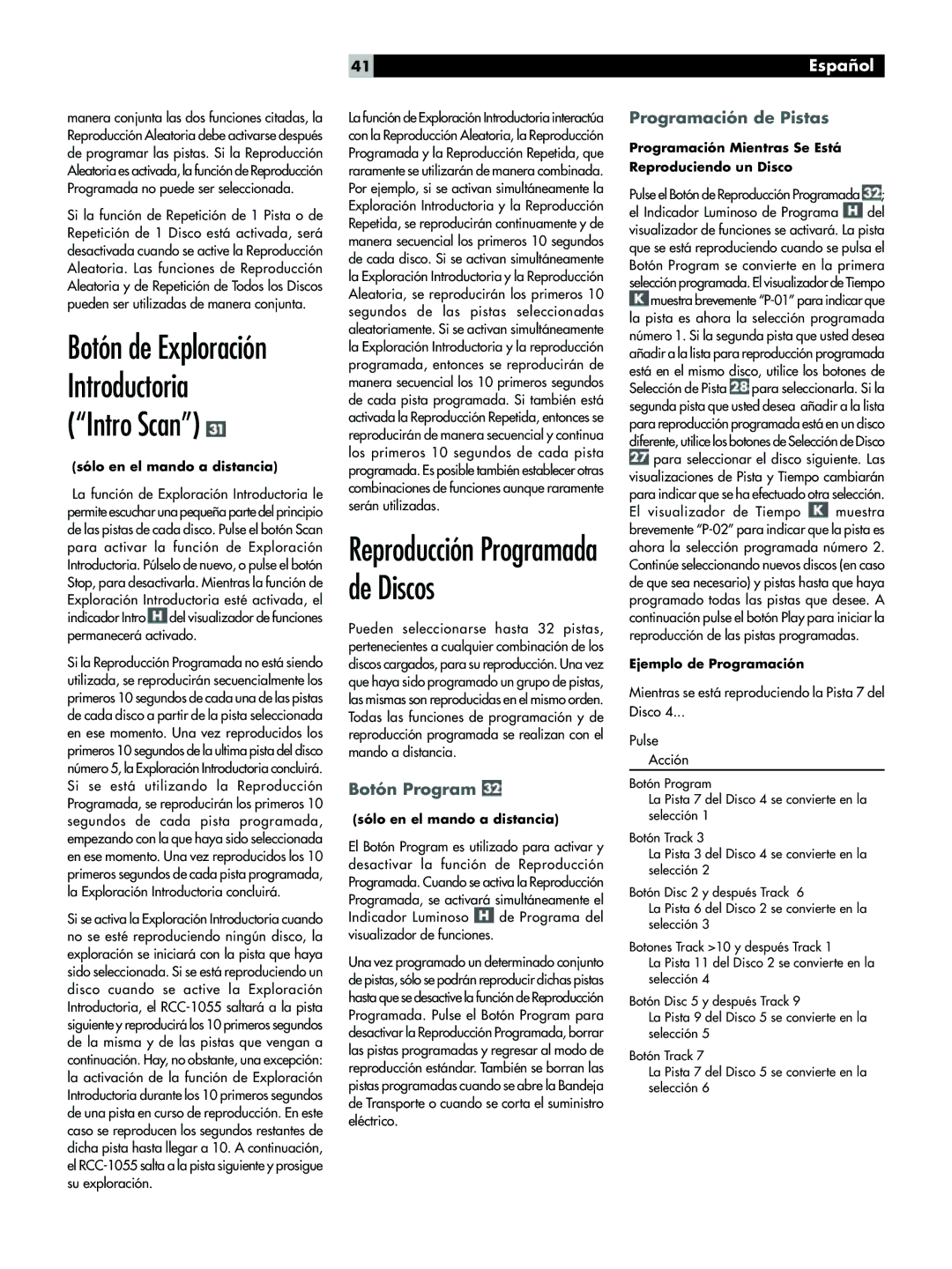 Rotel RCC-1055 Reproducci-n Programada de Discos, Bot-n de Exploraci-n Introductoria ÒIntro ScanÓ, Bot-n Program 