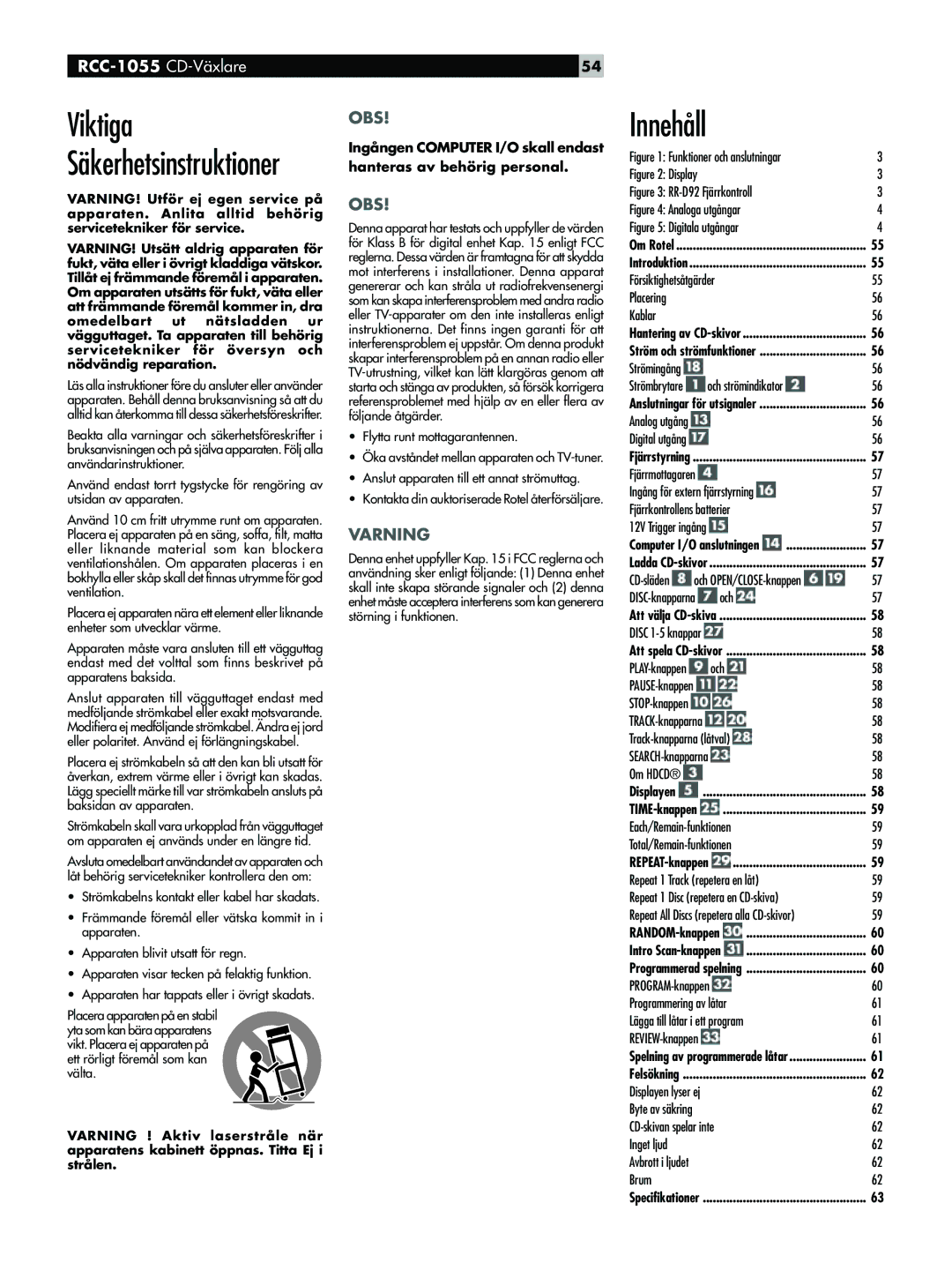 Rotel RCC-1055 owner manual Viktiga SŠkerhetsinstruktioner, InnehŒll, Displayen 