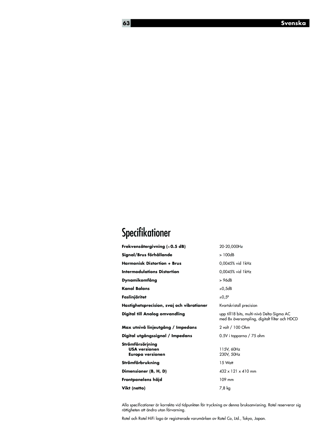 Rotel RCC-1055 owner manual Specifikationer 