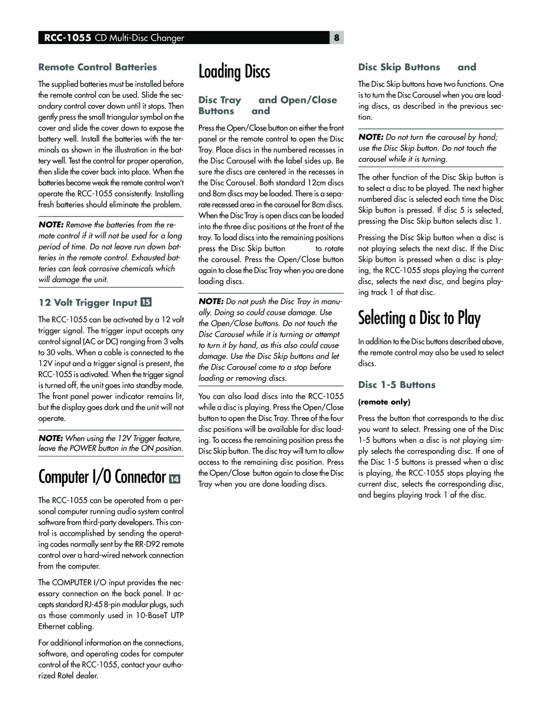 Rotel RCC-1055 owner manual Loading Discs, Computer I/O Connector 