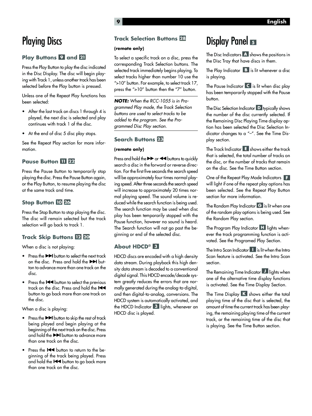 Rotel RCC-1055 owner manual Playing Discs, Display Panel 