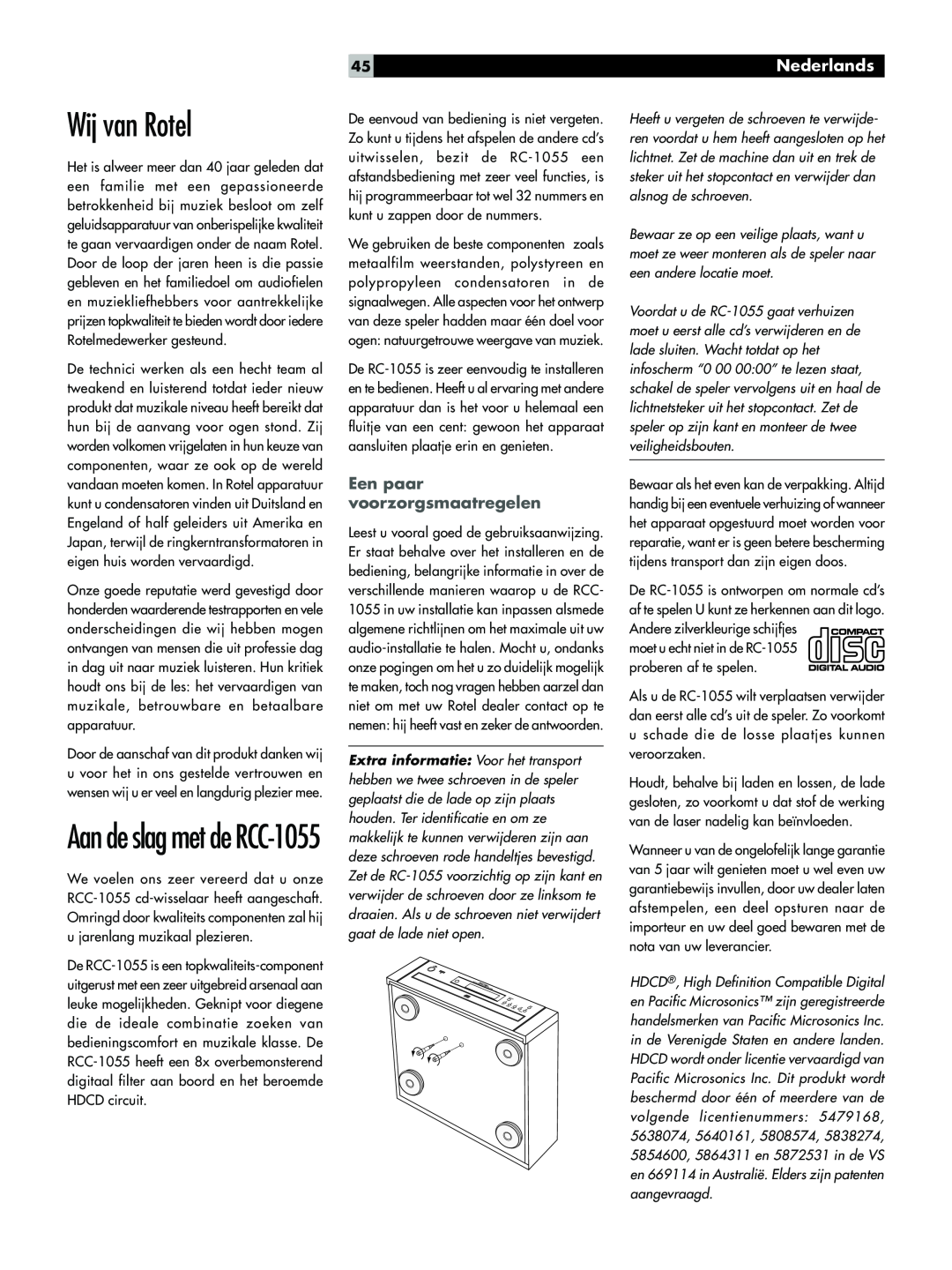 Rotel owner manual Wij van Rotel, Aan de slag met de RCC-1055, Nederlands, Een paar voorzorgsmaatregelen 