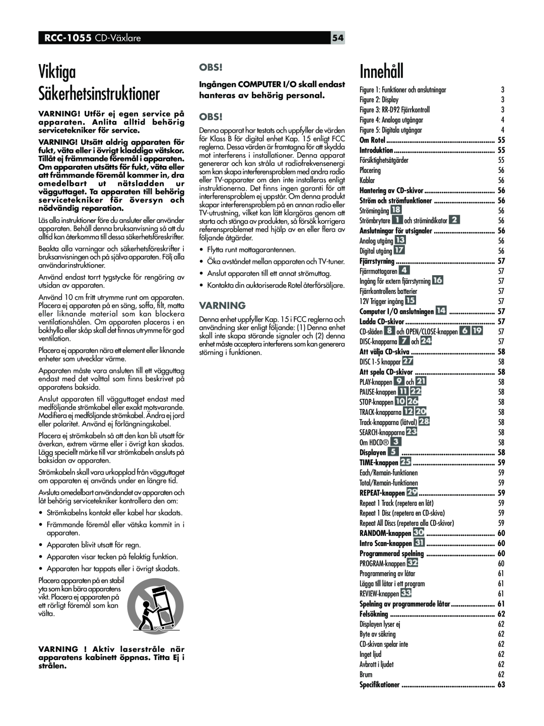 Rotel owner manual Viktiga SŠkerhetsinstruktioner, InnehŒll, RCC-1055 CD-VŠxlare, Varning 