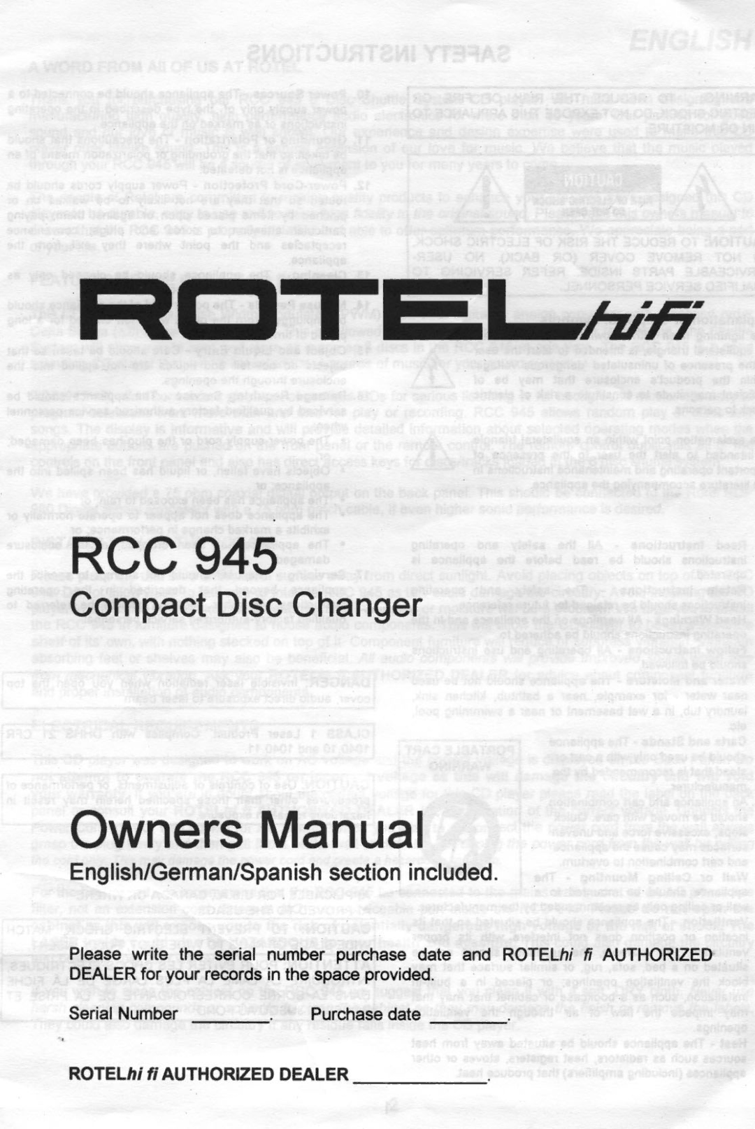 Rotel RCC 945 manual 