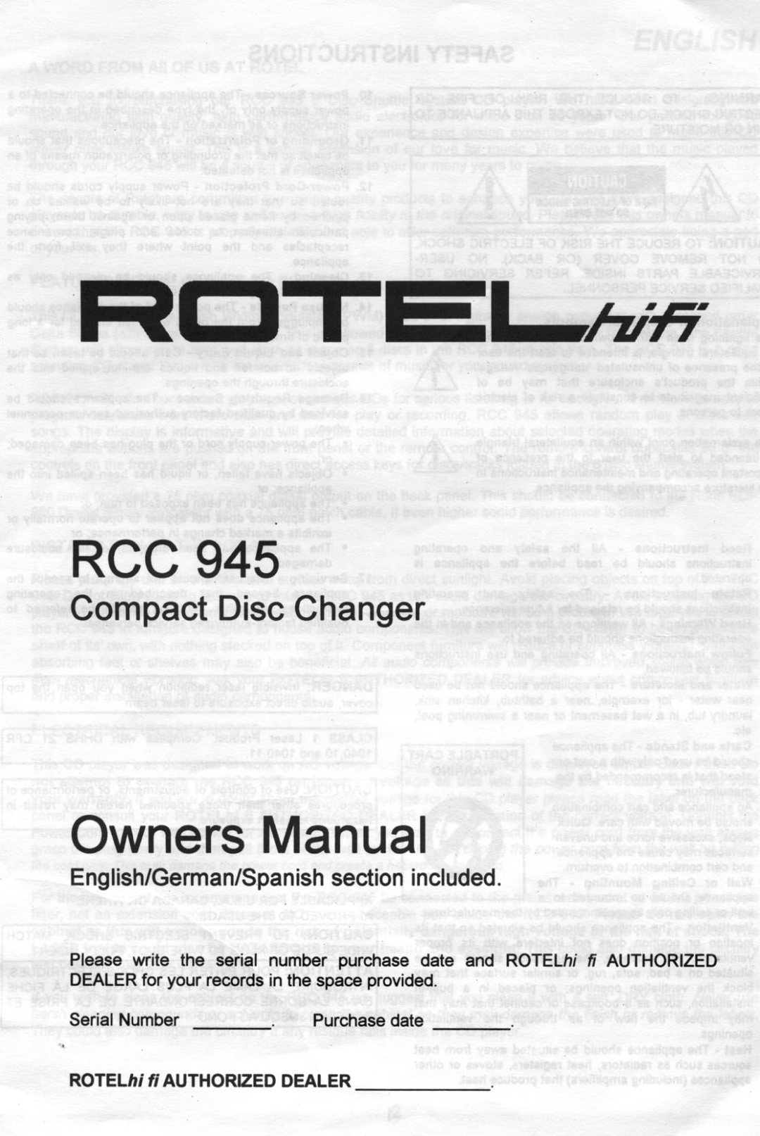 Rotel RCC 945 manual 