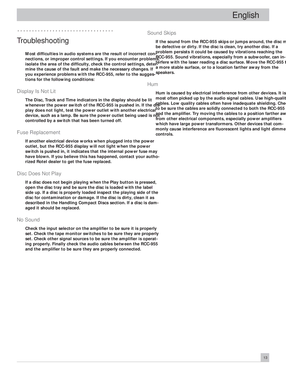 Rotel RCC-955 owner manual Troubleshooting 