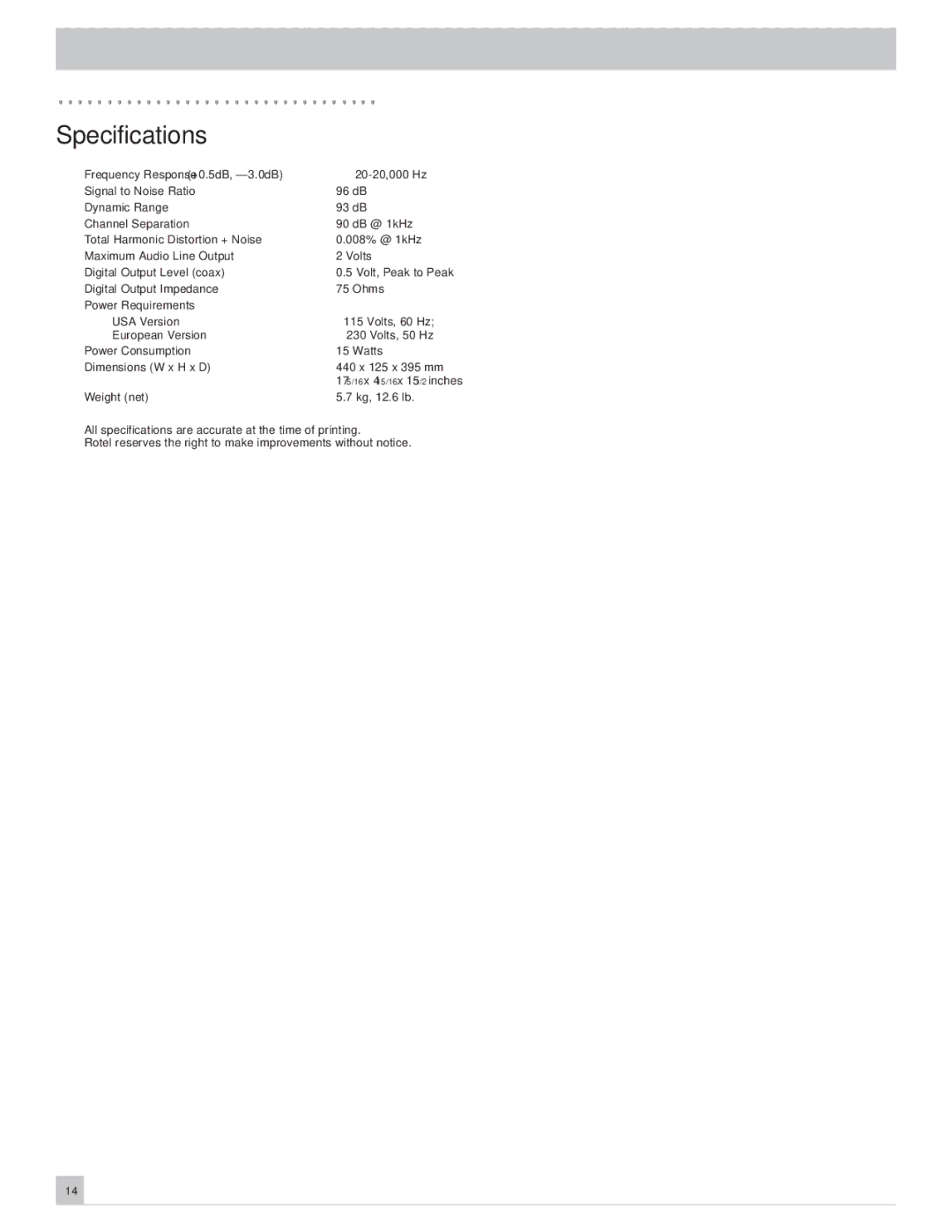 Rotel RCC-955 owner manual Specifications, Weight net 