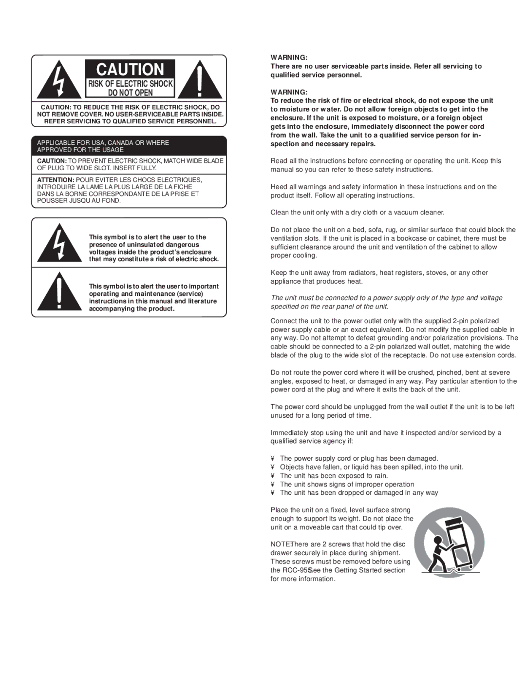 Rotel RCC-955 owner manual Risk of Electric Shock Do not Open 