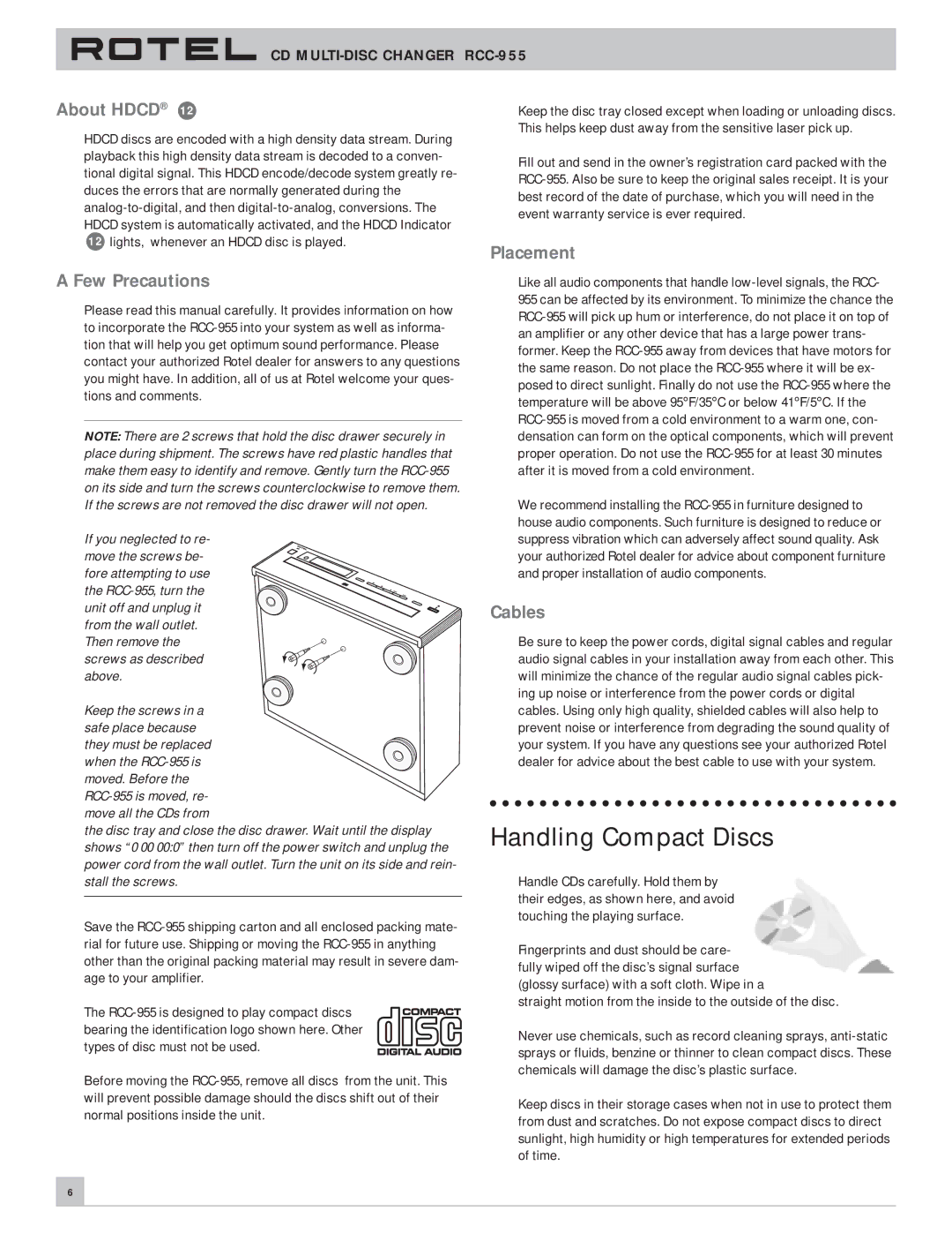 Rotel RCC-955 owner manual Handling Compact Discs, About Hdcd, Few Precautions, Placement, Cables 