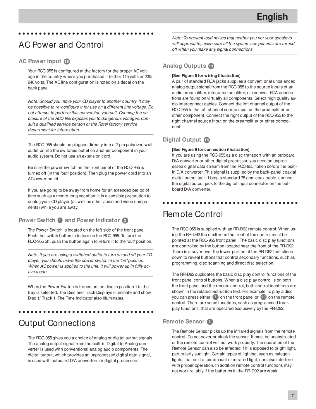 Rotel RCC-955 owner manual AC Power and Control, Output Connections, Remote Control 