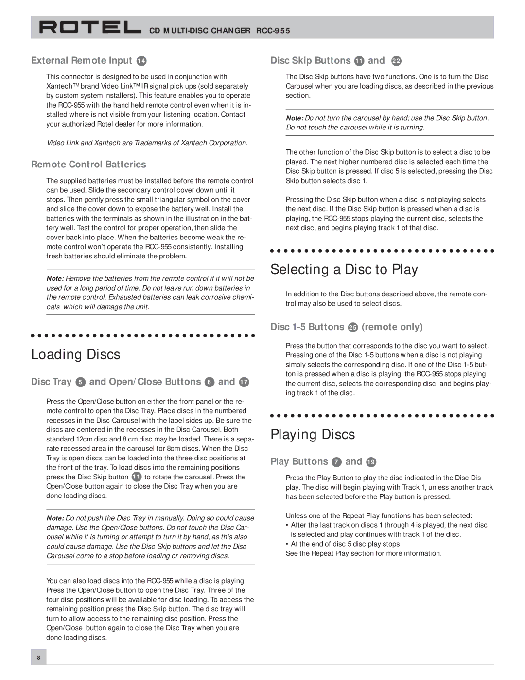 Rotel RCC-955 owner manual Selecting a Disc to Play, Loading Discs, Playing Discs 