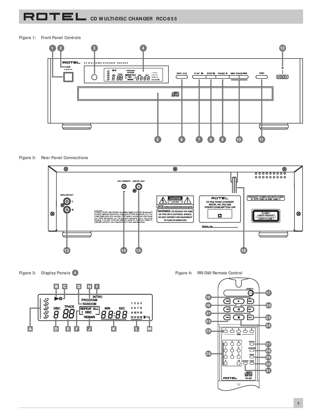 Rotel owner manual Front Panel Controls, Rear Panel Connections, Display Panels, CD MULTI-DISCCHANGER RCC-955, 1314 