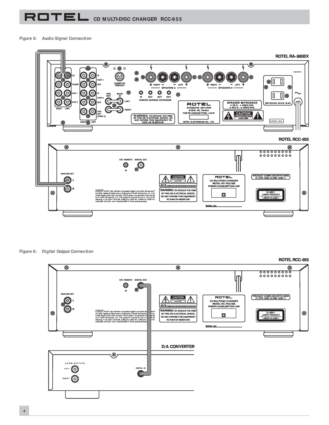 Rotel owner manual Audio Signal Connection, ROTEL RA-985BX, ROTEL RCC-955, Digital Output Connection, D/A Converter 