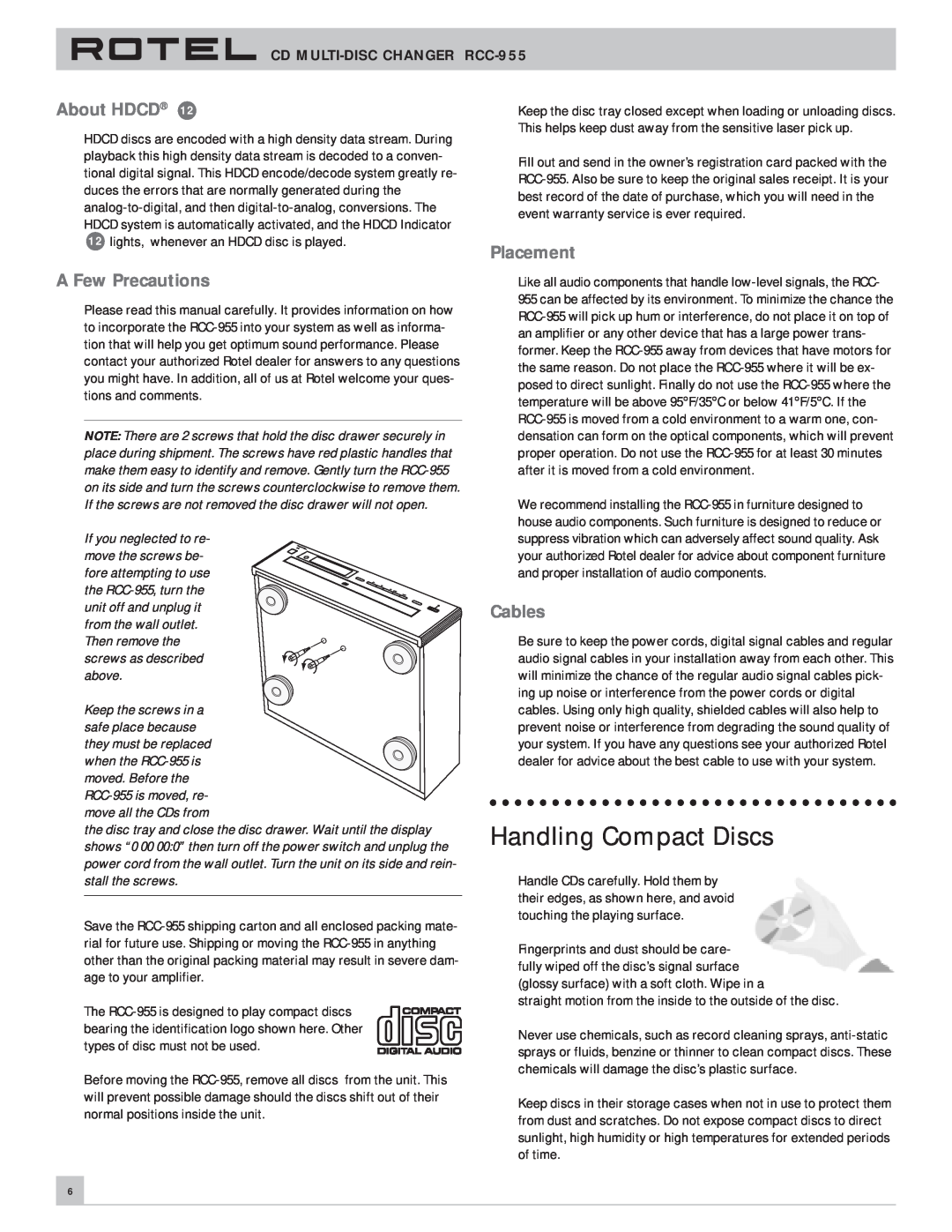 Rotel RCC-955 owner manual Handling Compact Discs, About HDCD, A Few Precautions, Placement, Cables 