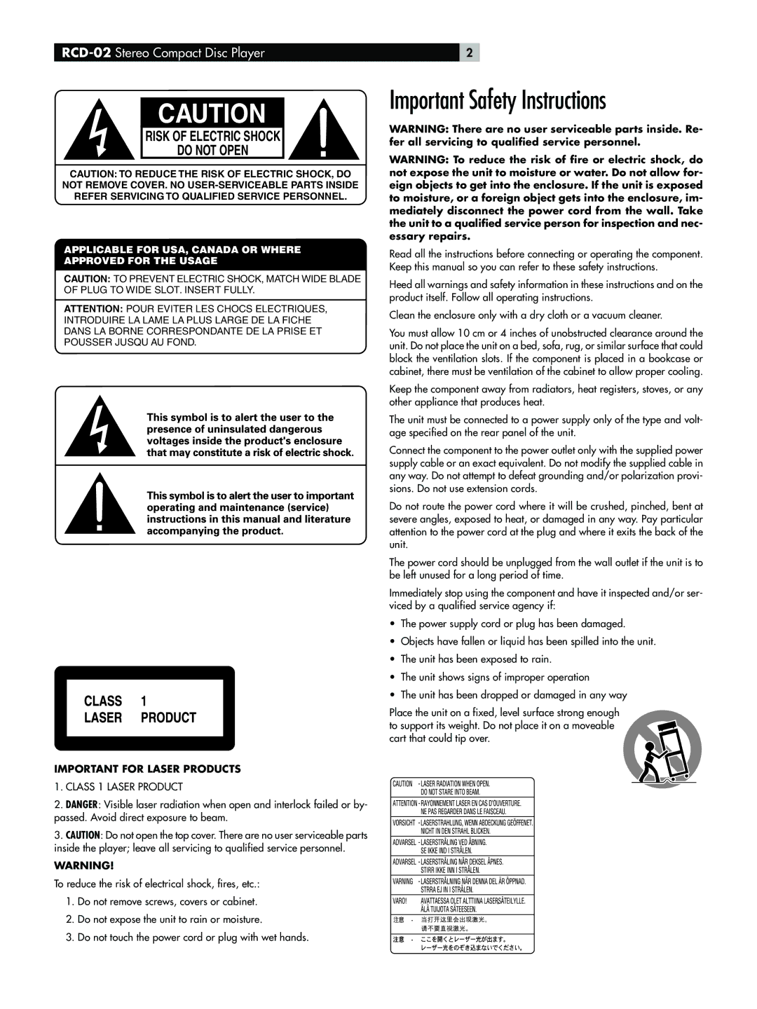 Rotel RCD-02 owner manual Important Safety Instructions, Class 1 Laser Product 