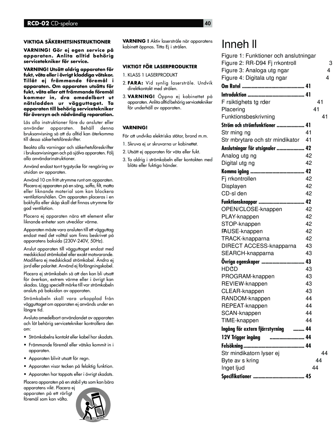 Rotel RCD-02 owner manual Klass 1 Laserprodukt 