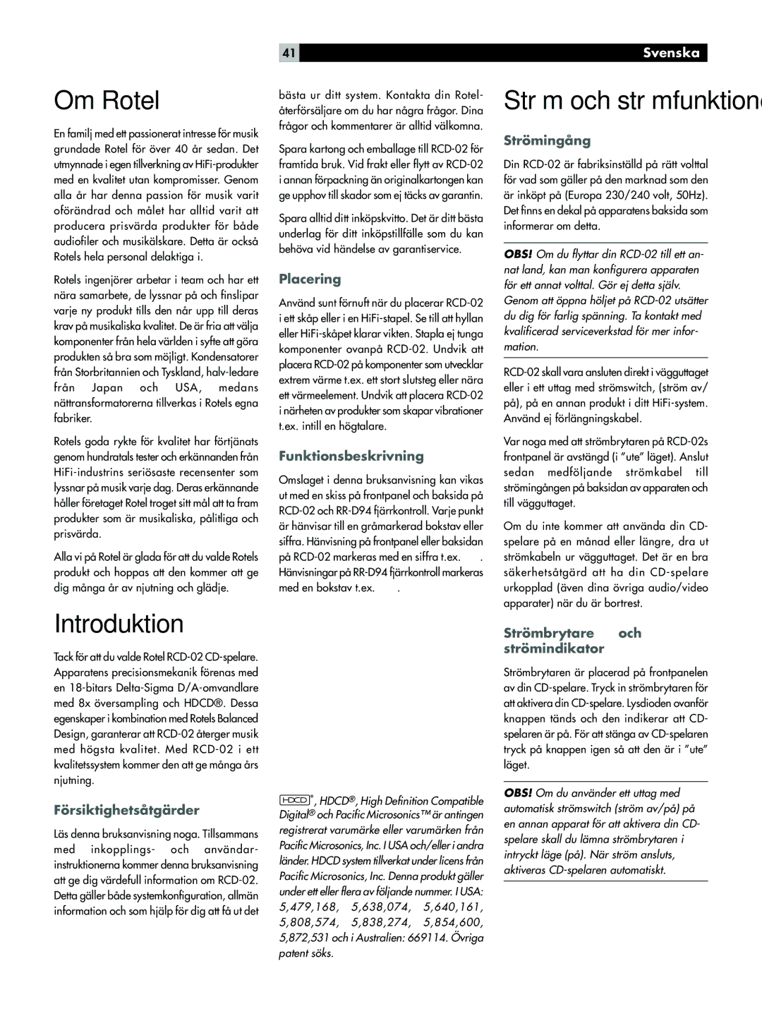 Rotel RCD-02 owner manual Om Rotel, Introduktion 