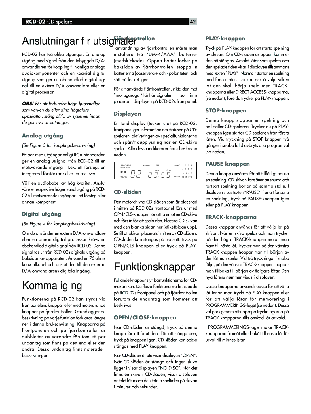 Rotel RCD-02 owner manual Komma igŒng, Funktionsknappar 